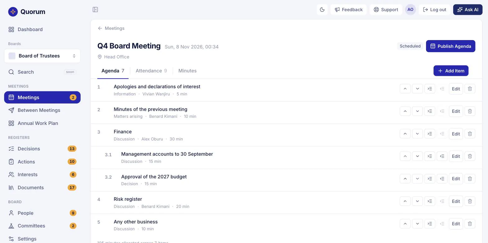 The agenda builder for the Q4 Board Meeting