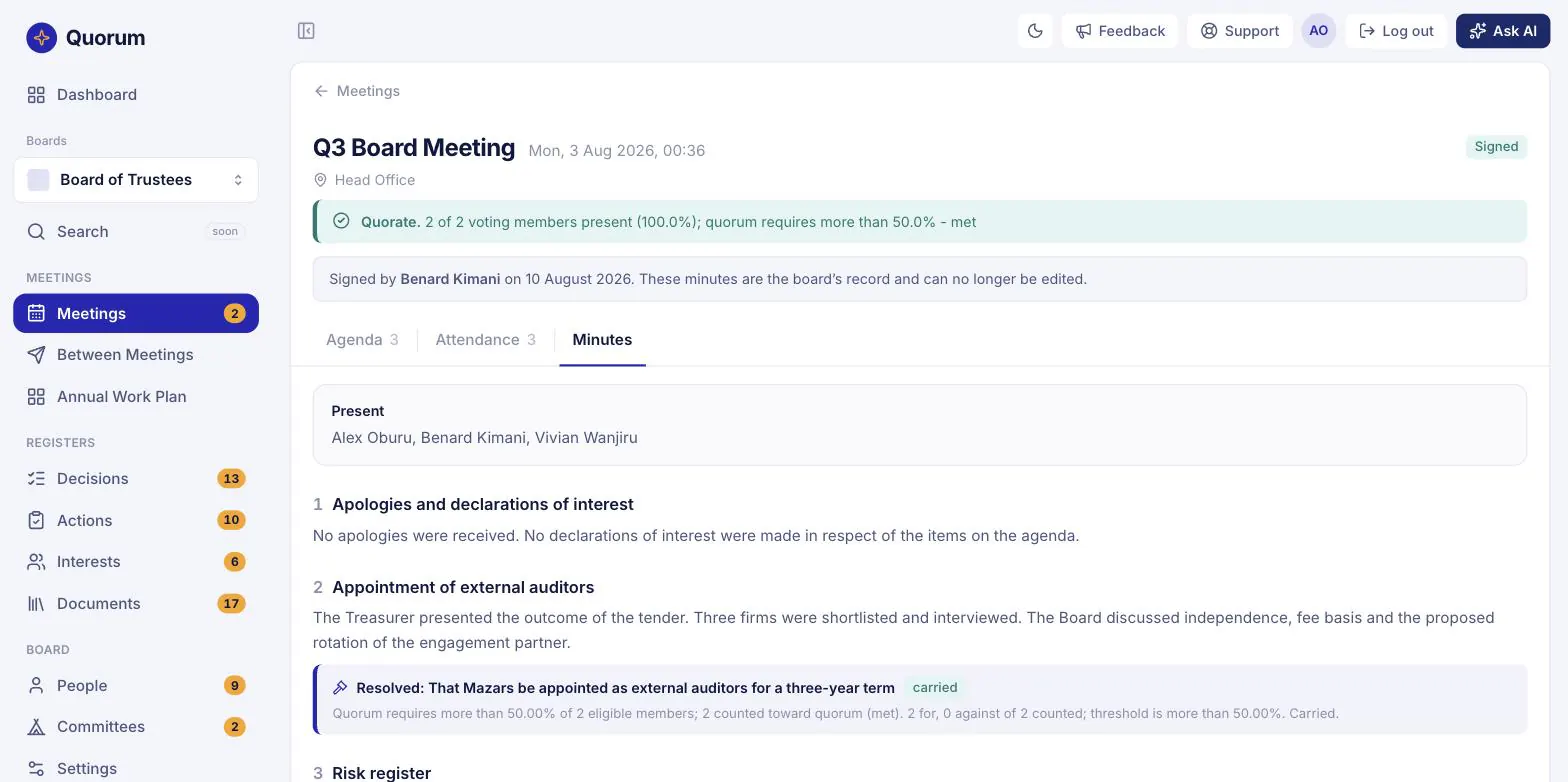 The signed minutes of the Q3 Board Meeting